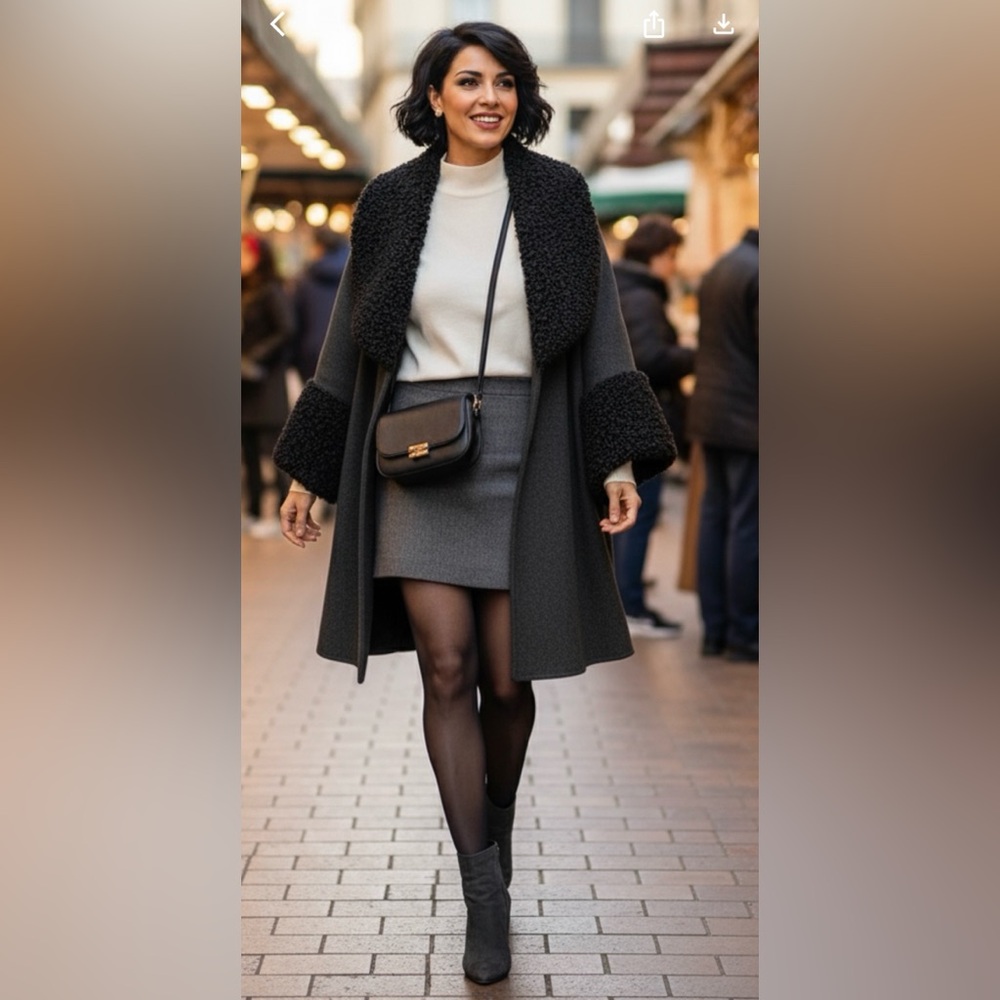 BLACK CAPE with faux lambswool neck and arm accents
